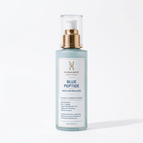 Blue Peptide Moisture Emulsion, pump bottle, front of pack