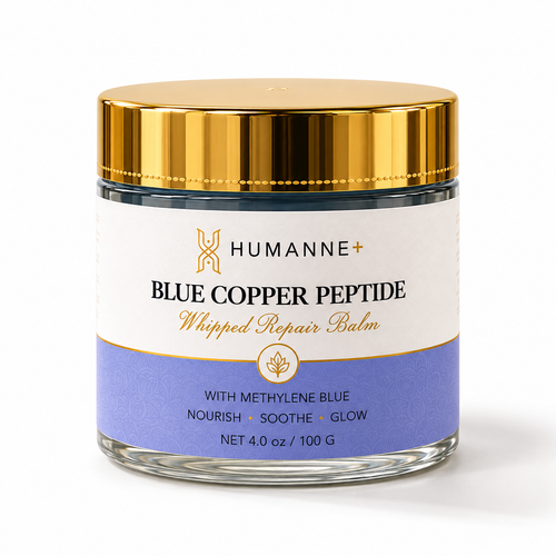 Blue Copper Peptide Whipped Repair Balm, jar with gold lid, front of pack